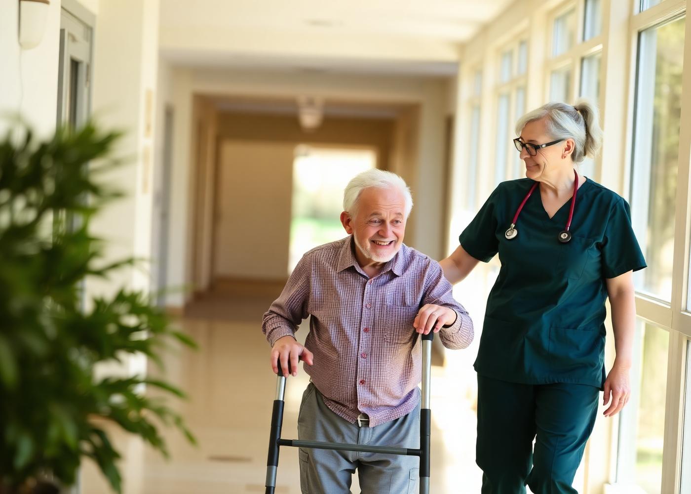 PSW helping elderly resident with a walker